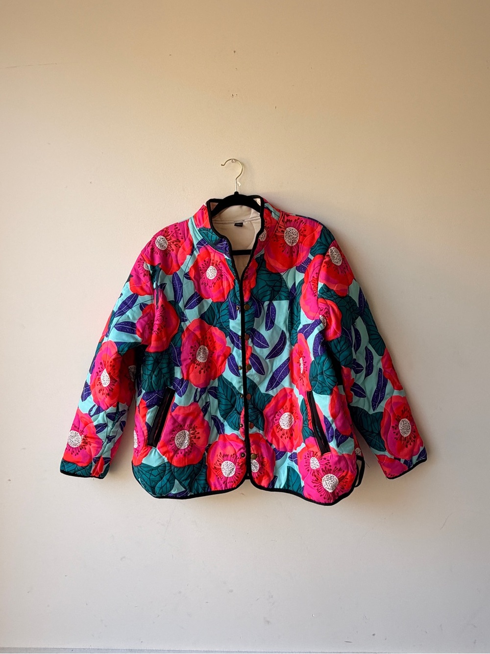 Floral Quilted Puffer Jacket in Bright Pink & Teal